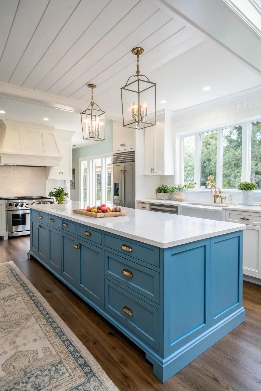 The contrast between blue and white yields a strikingly beautiful kitchen.