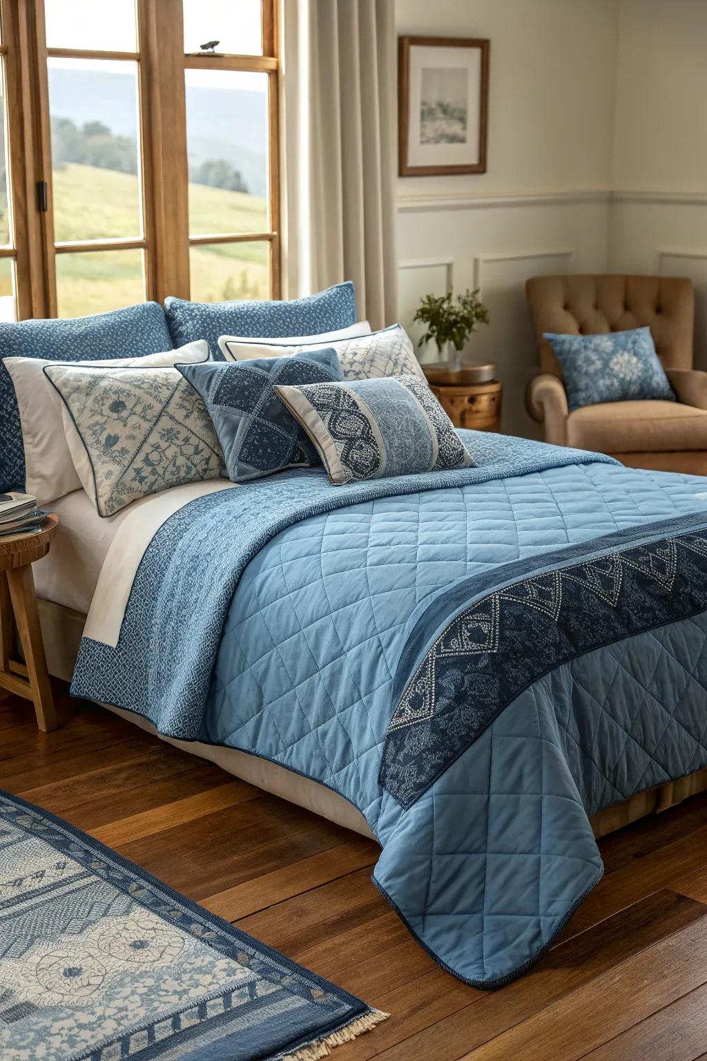 Structured azure bed sets produce a snug and welcoming atmosphere.