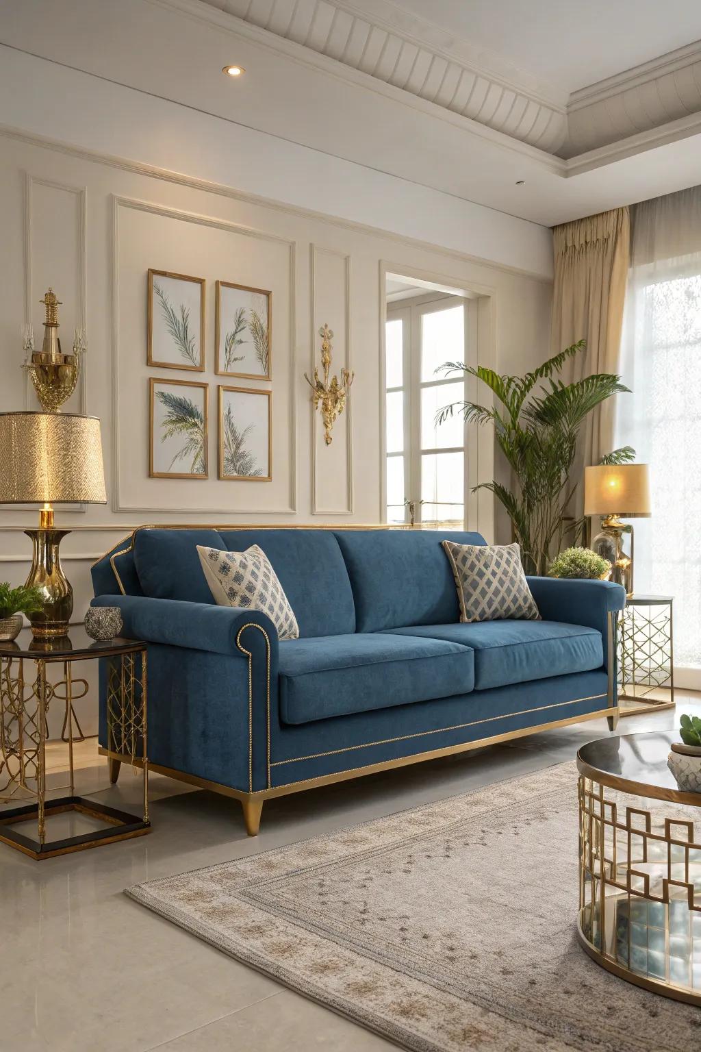 Shiny accents introduce a luxurious feel to a blue sofa.