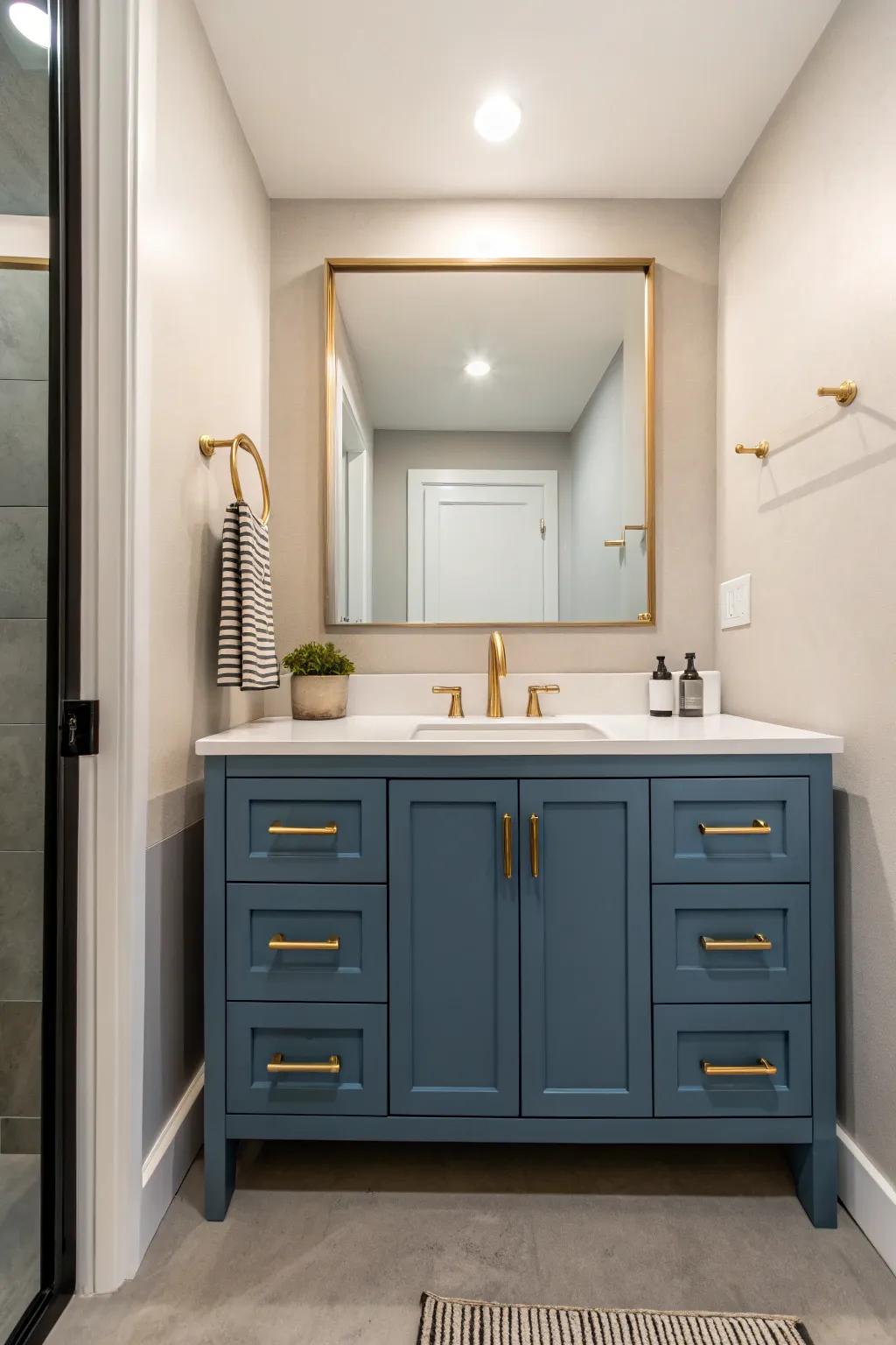 Iron blue and metallic fixtures create a sophisticated modern vibe.