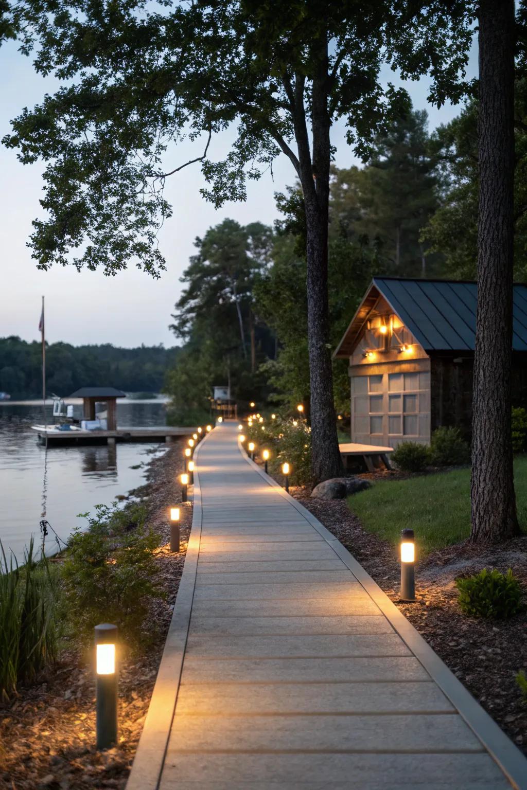 Path lamps illuminate the route to the boat house, ensuring both safety and elegance.