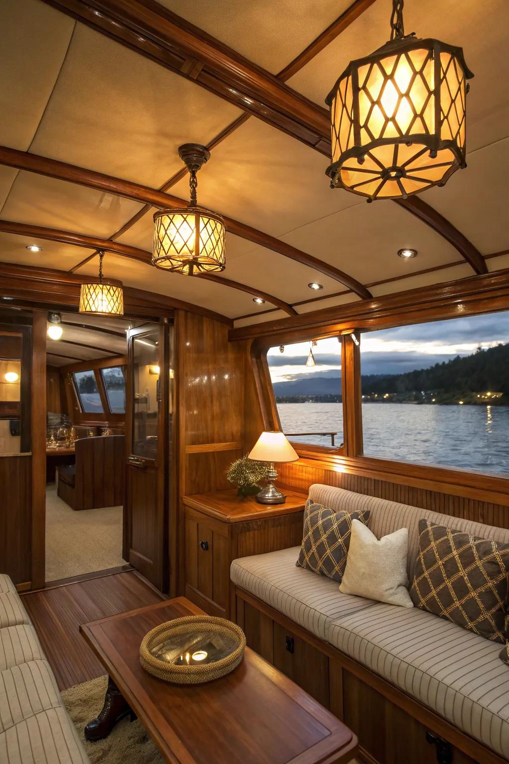 Warm lighting enhances the cozy atmosphere inside the boat.