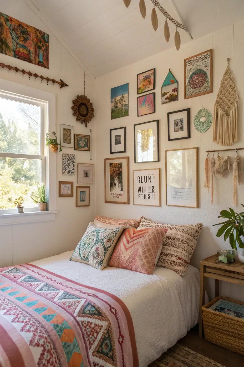 A mixed-artwork gallery wall creates a focal point in this boho bedroom.