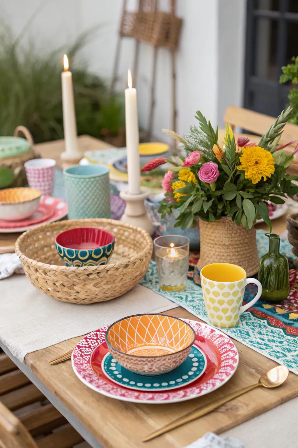 A striking array of vibrant tableware breathes life into the boho brunch table.
