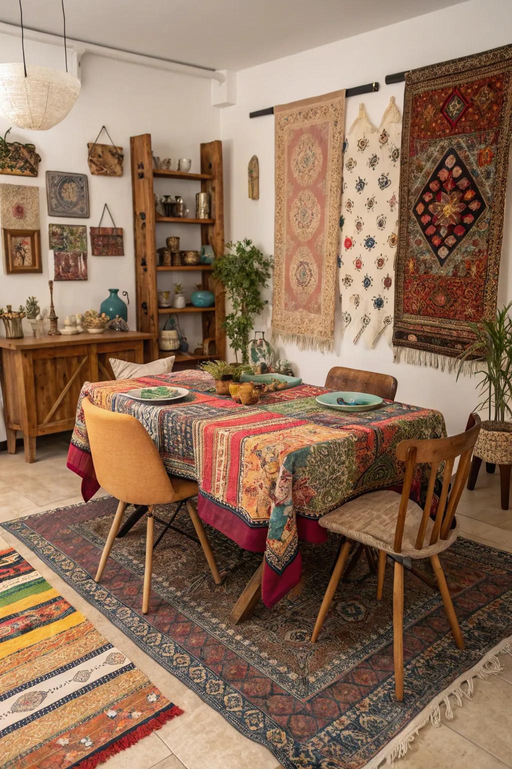 Layered fabrics creating warmth in a boho dining space.