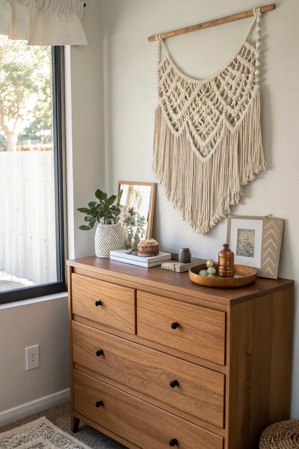 A macram&eacute; wall hanging adds texture and warmth above a boho dresser.