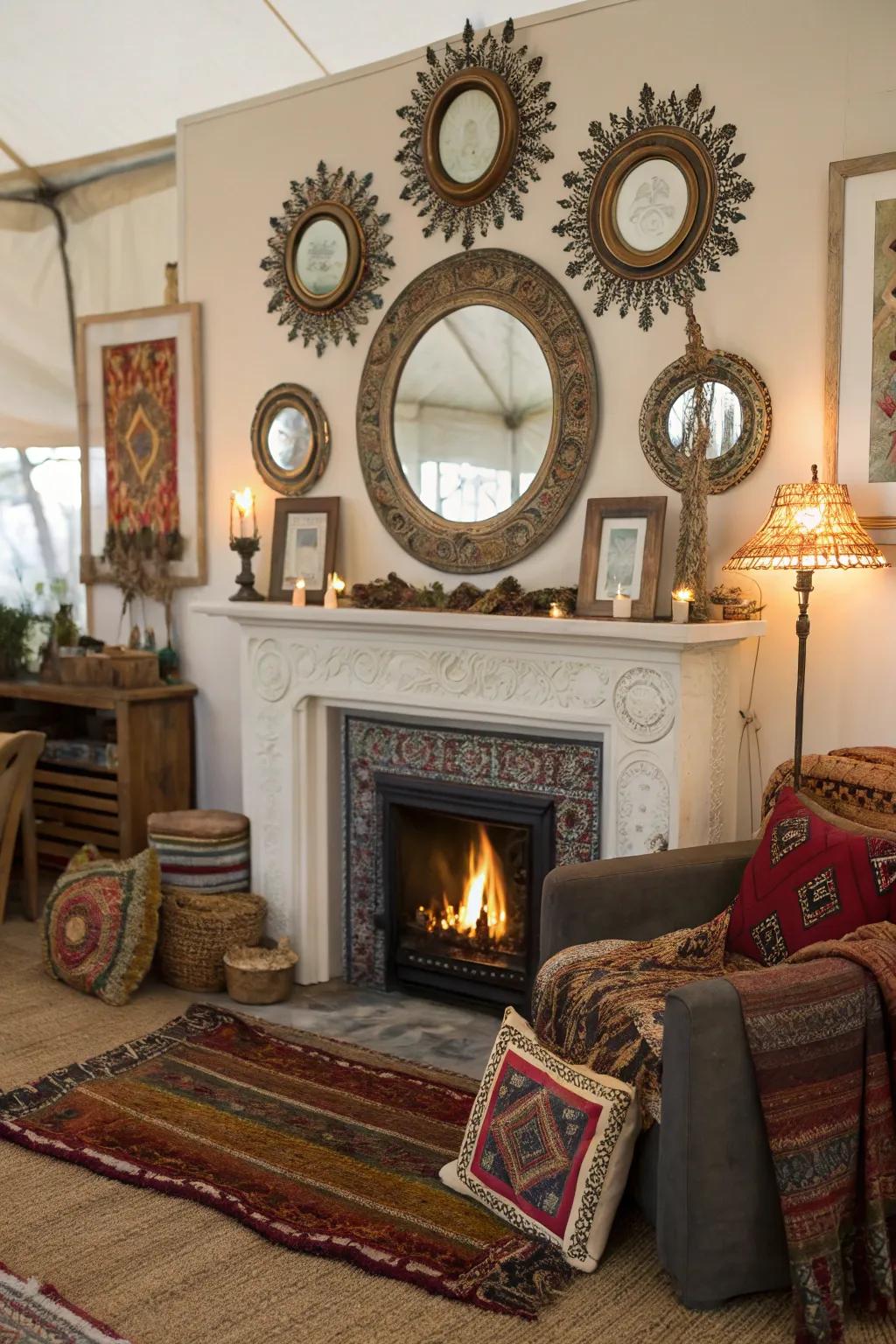 A fireplace enhanced with ornamental reflectors and distinctive art pieces, radiating bohemian charm.