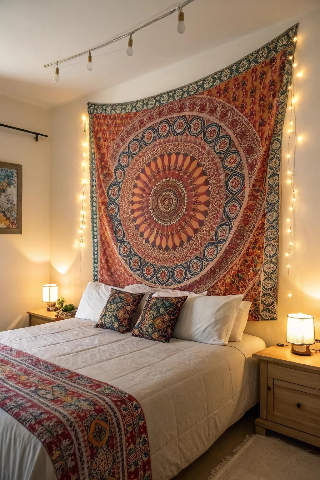 A tapestry headboard introduces color and texture to this bohemian sanctuary.
