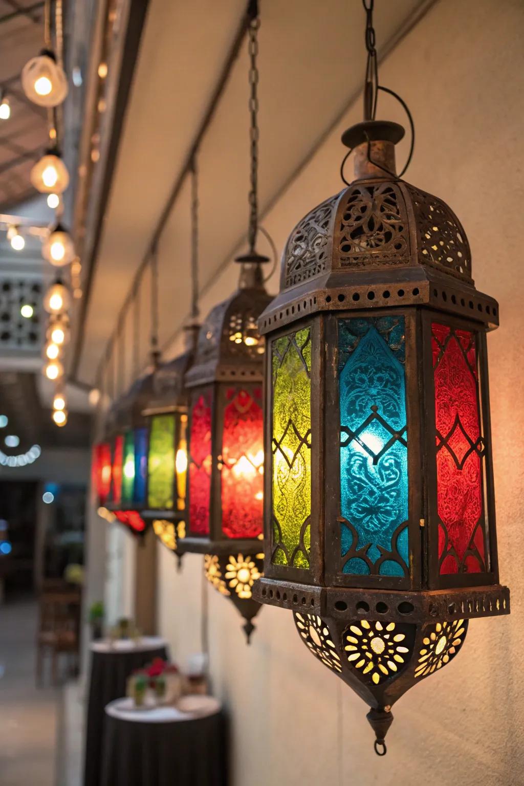Vibrant glass Middle Eastern lanterns projecting vivid shades.