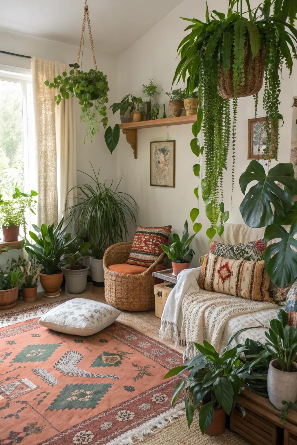 Greenery brings life to a bohemian setting.