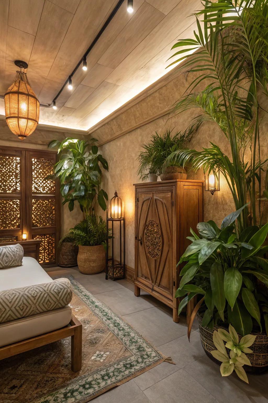 Earth-inspired hues create a serene and grounded bohemian atmosphere.