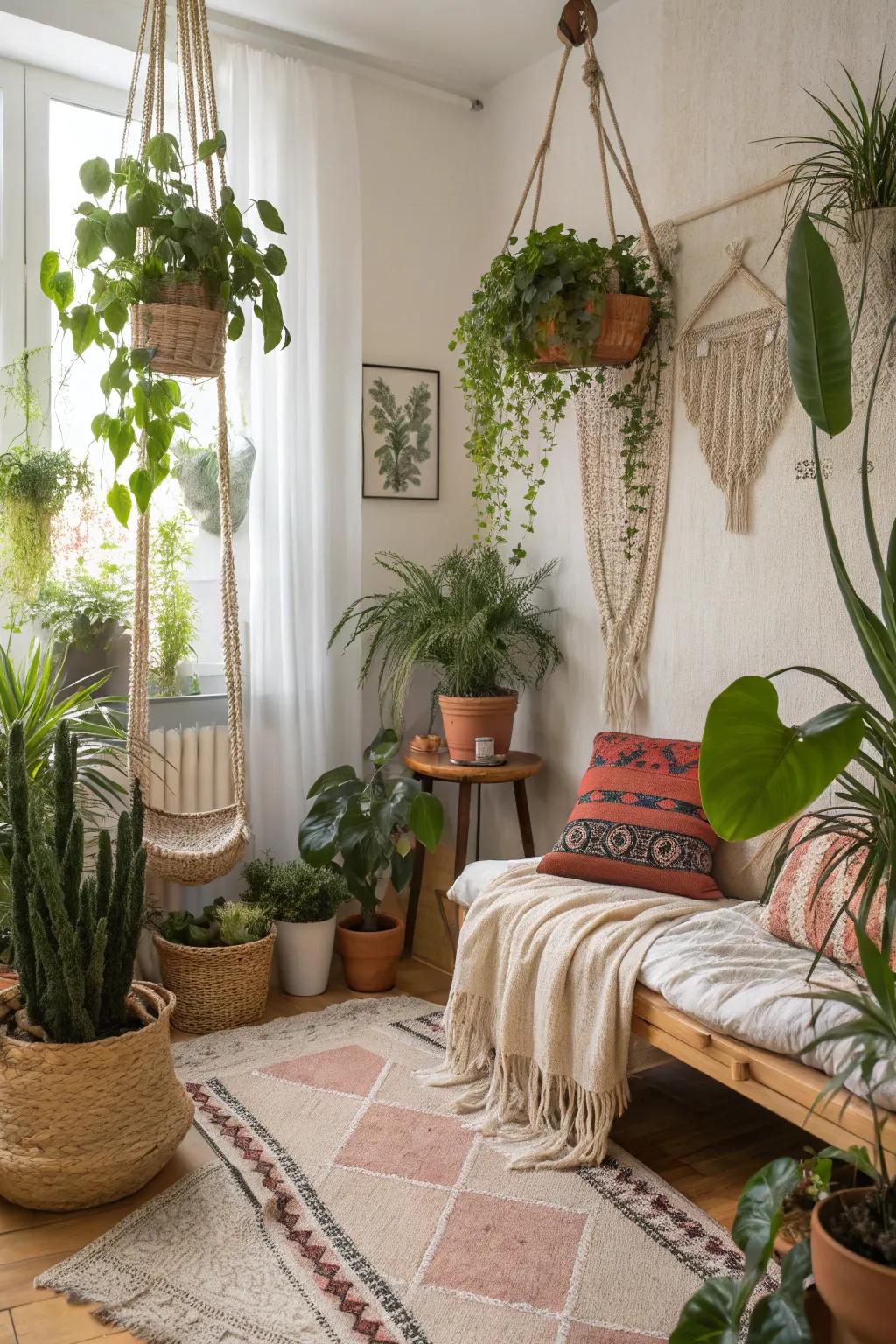 Indoor plants breathe life and freshness into a bohemian place.