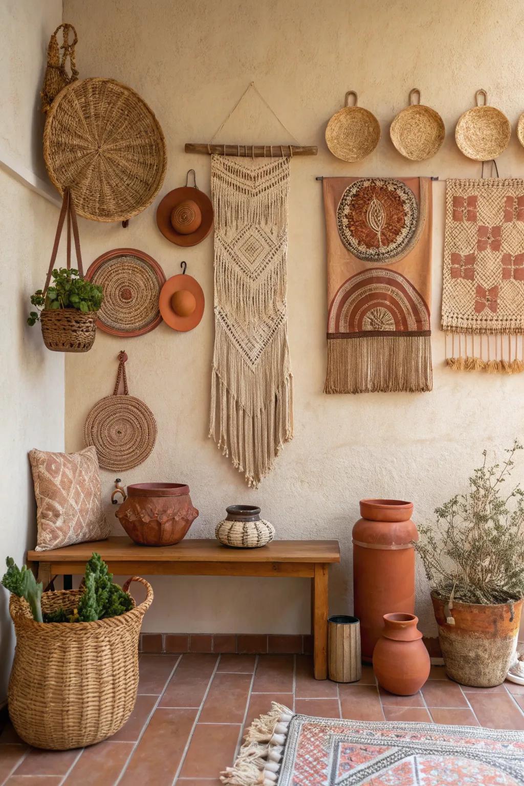 Bohemian decor is set against a backdrop of warm, earthy tones.