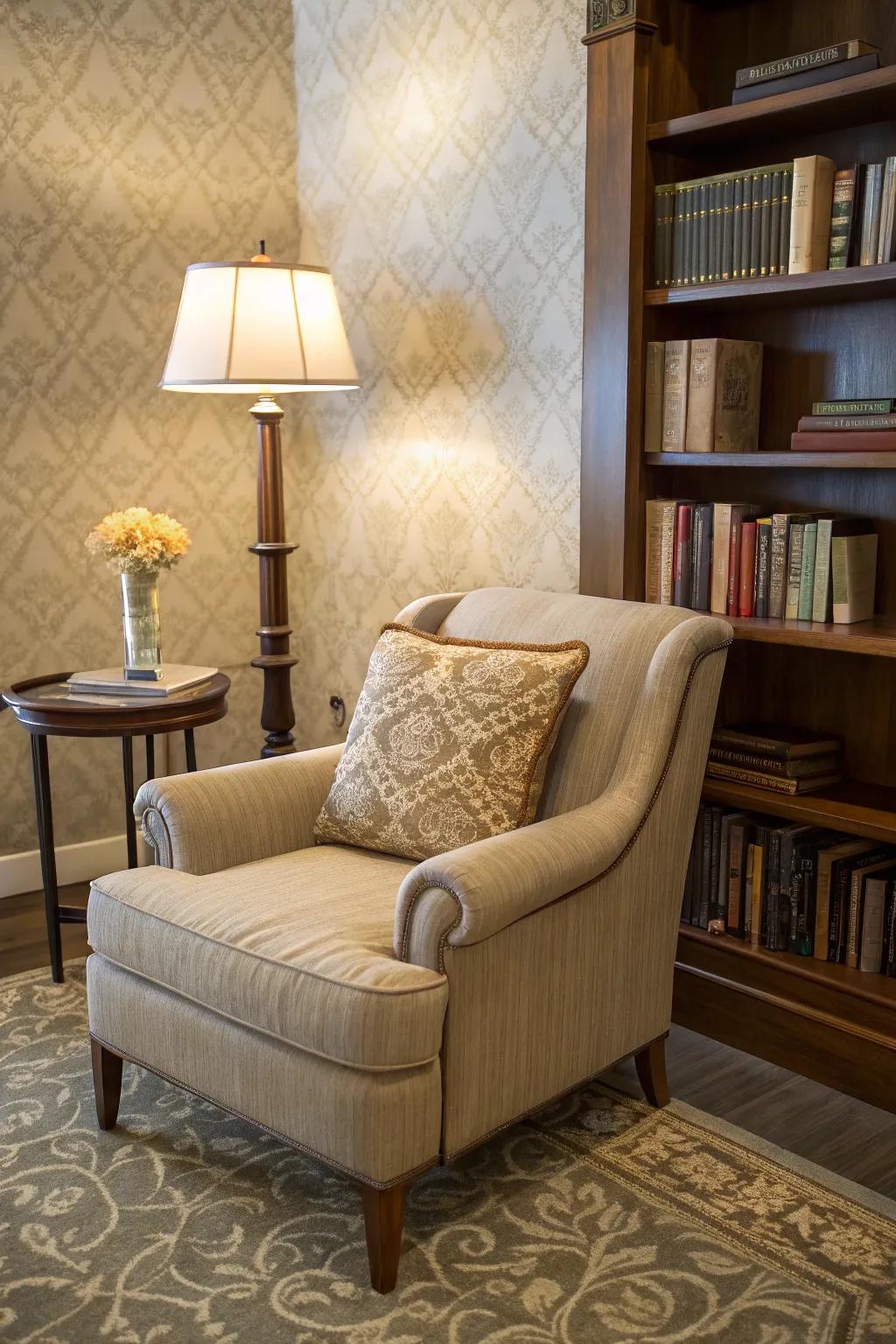 An inviting armchair corner great for relaxing reads.