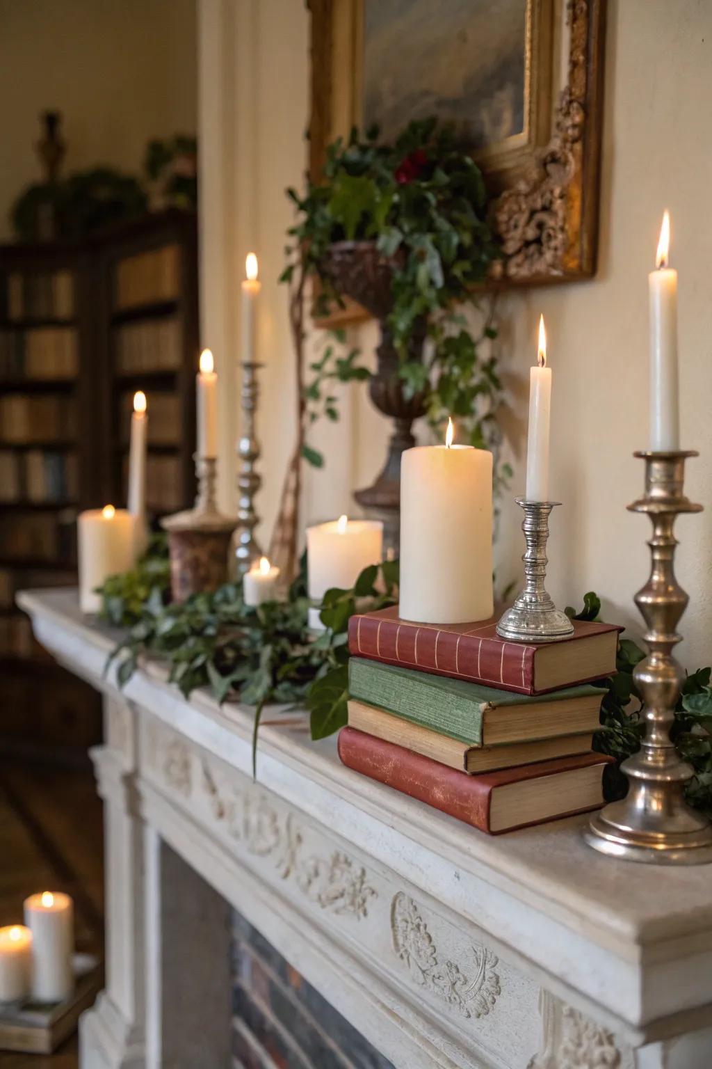 Candles enhance warmth and ambiance alongside books.