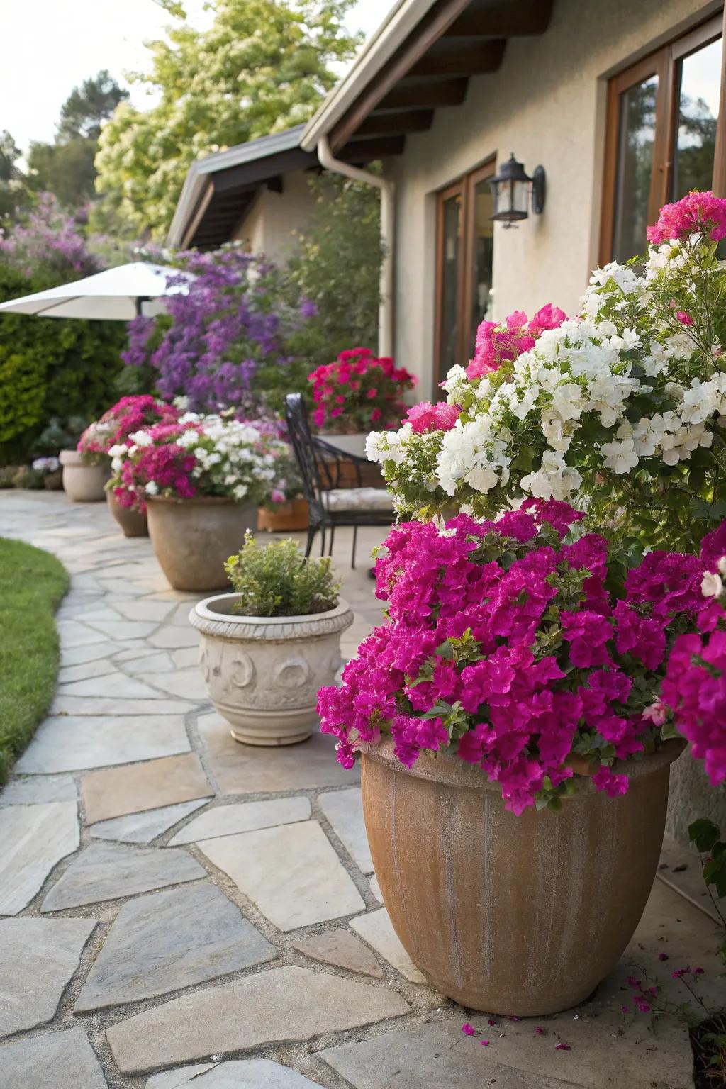 Potted bougainvillea adding vibrant color to a patio setting.