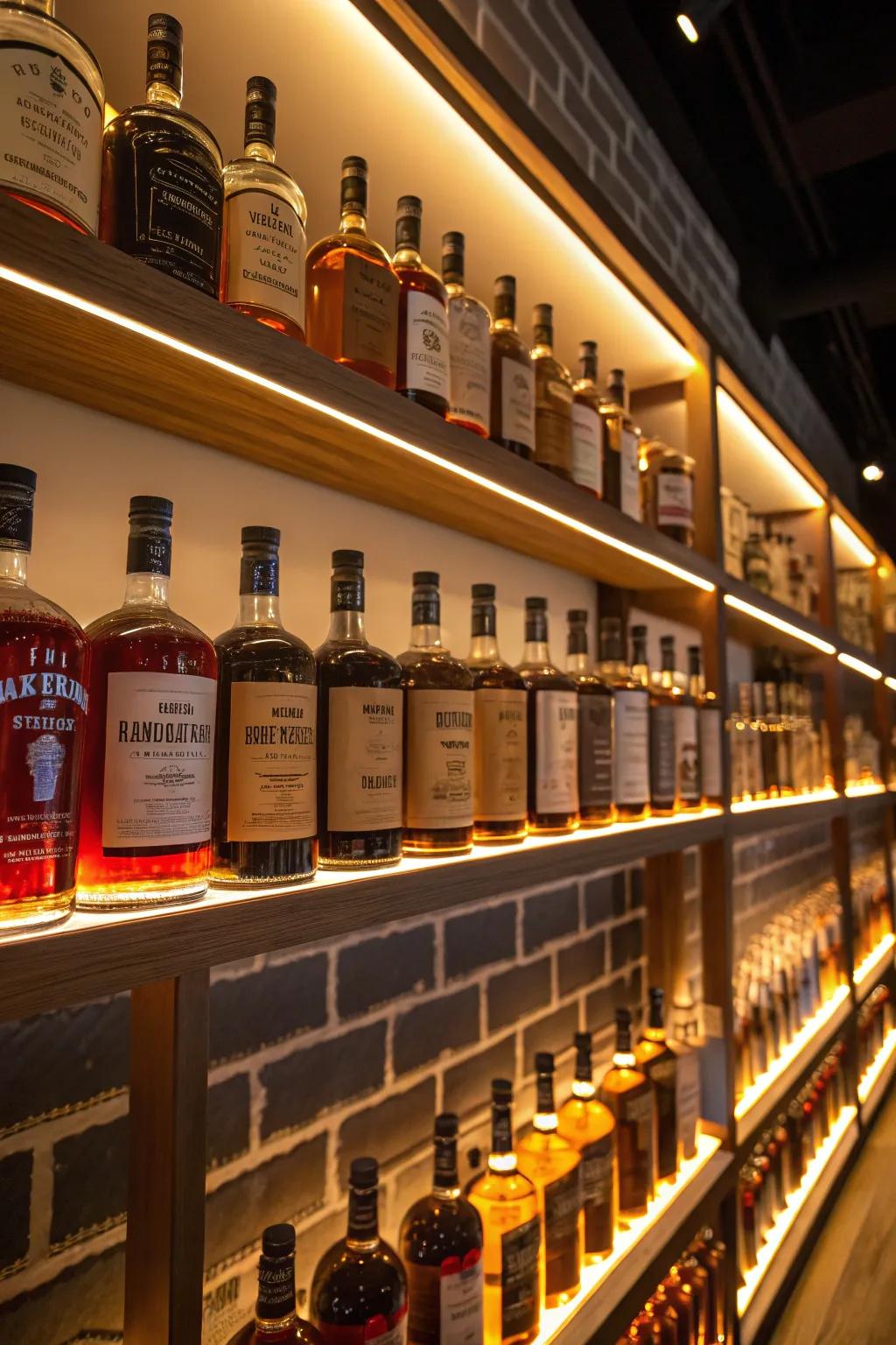 Backlighting enhances the visual charm of your bourbon collection.
