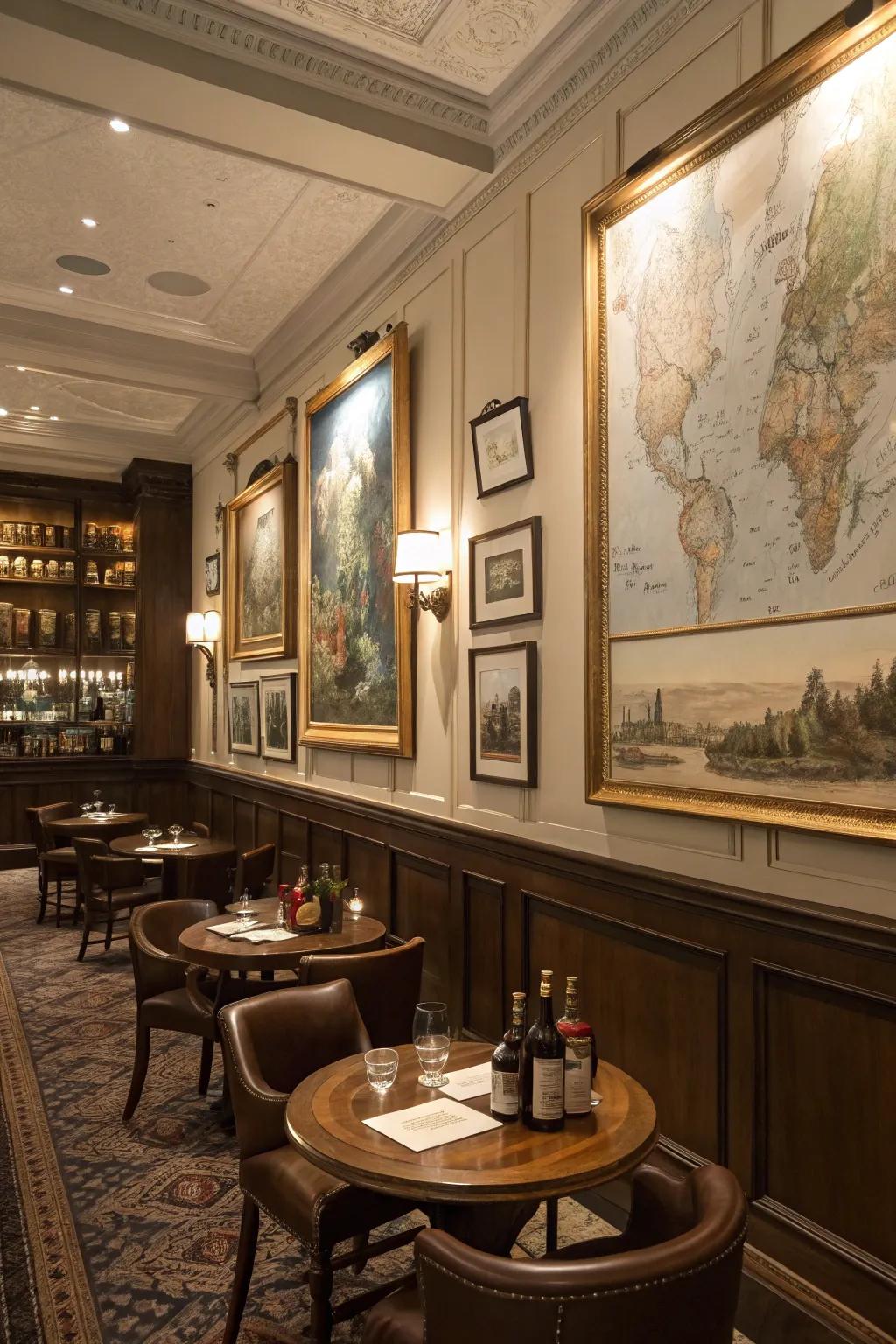 Classic art and antique maps add a unique touch.