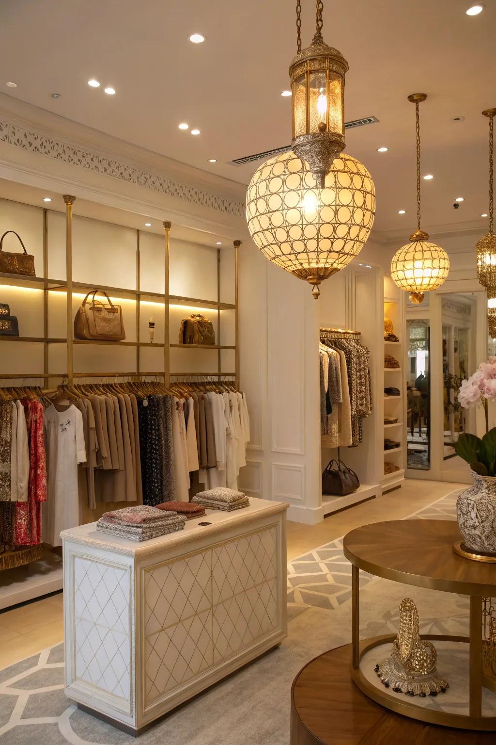 A store interior using strategic lighting, combining general and focused lights to enhance the decor.