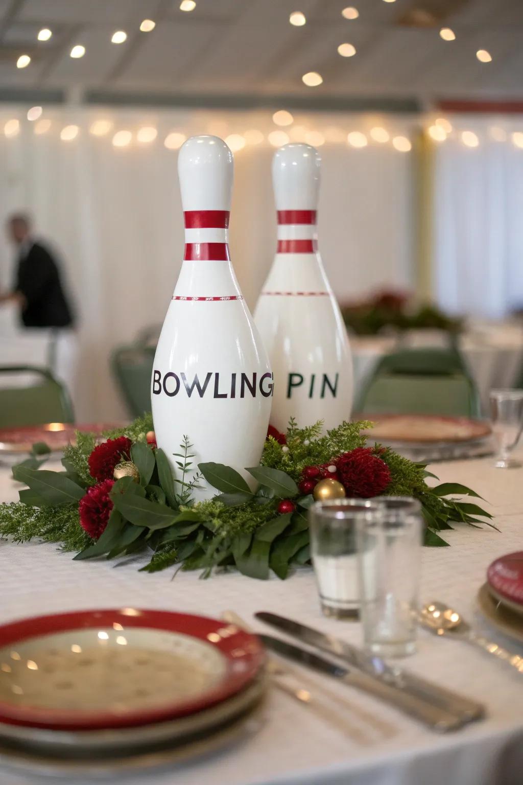 Personalized bowling pins add a thoughtful detail to your table.