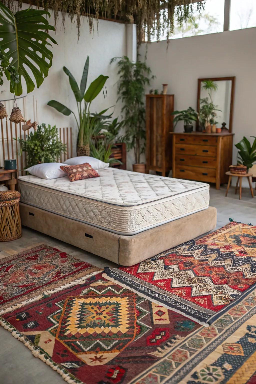 A bohemian-style space showcasing unique and colorful decor.