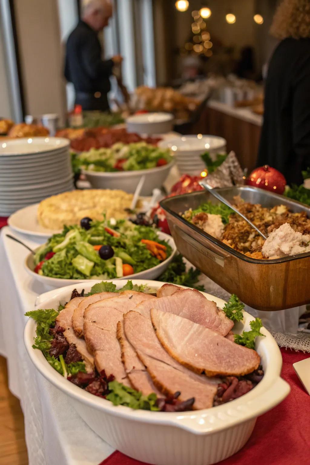 A buffet table presenting holiday leftovers and fresh salads.