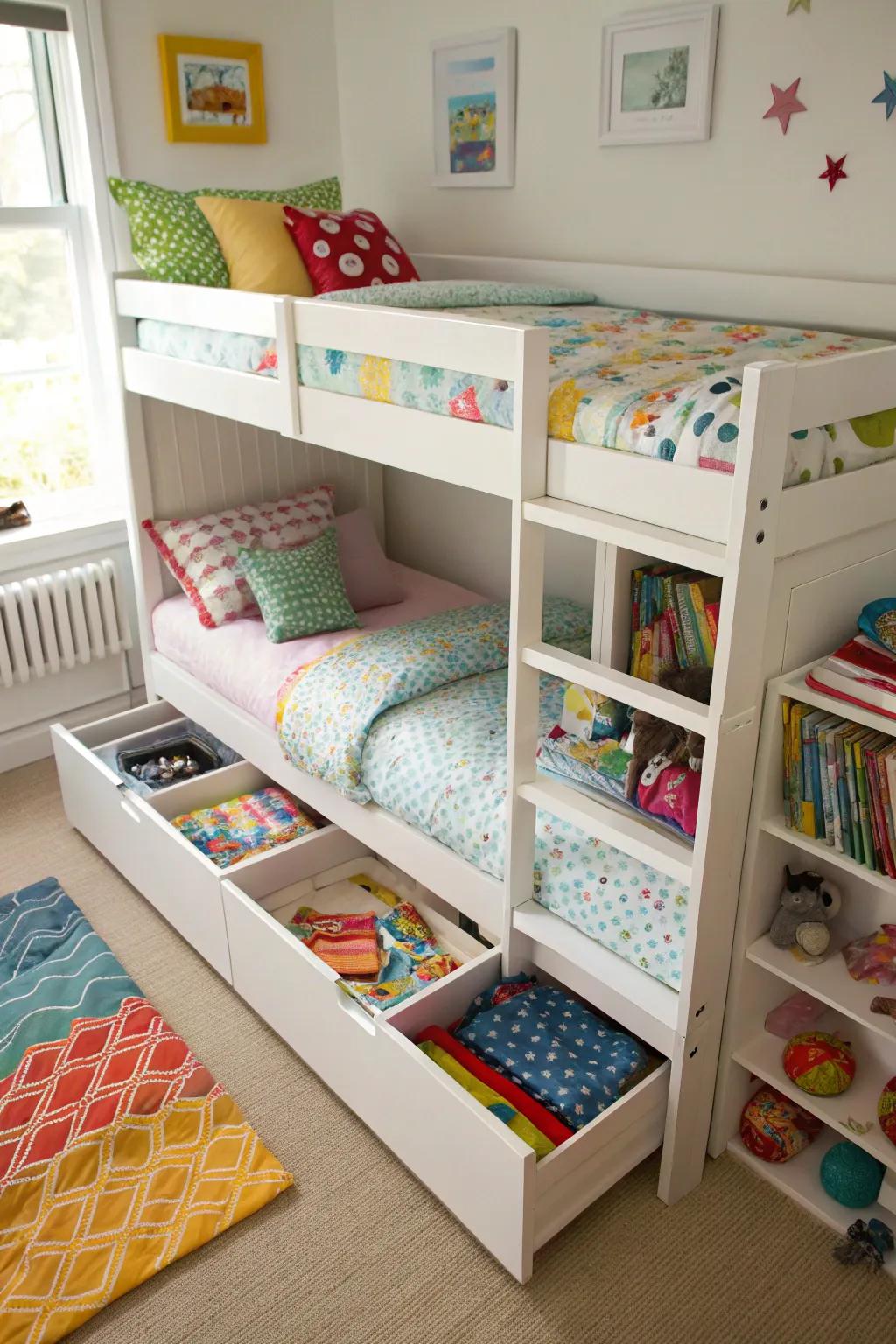 Storage beneath the bed keeps the shared quarters tidy and organized.