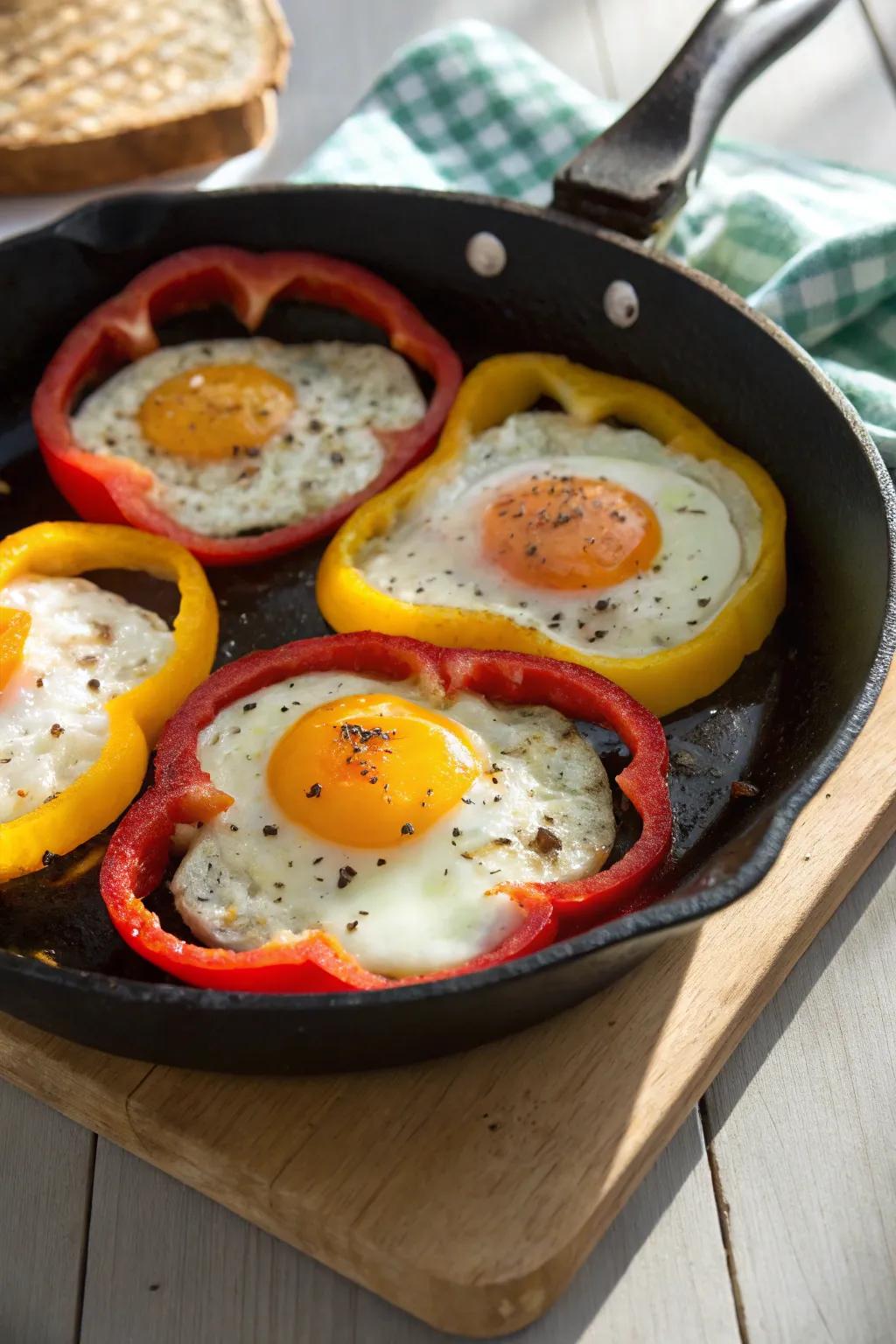 Eggs nestled in bell pepper rings for a cheerful breakfast treat.