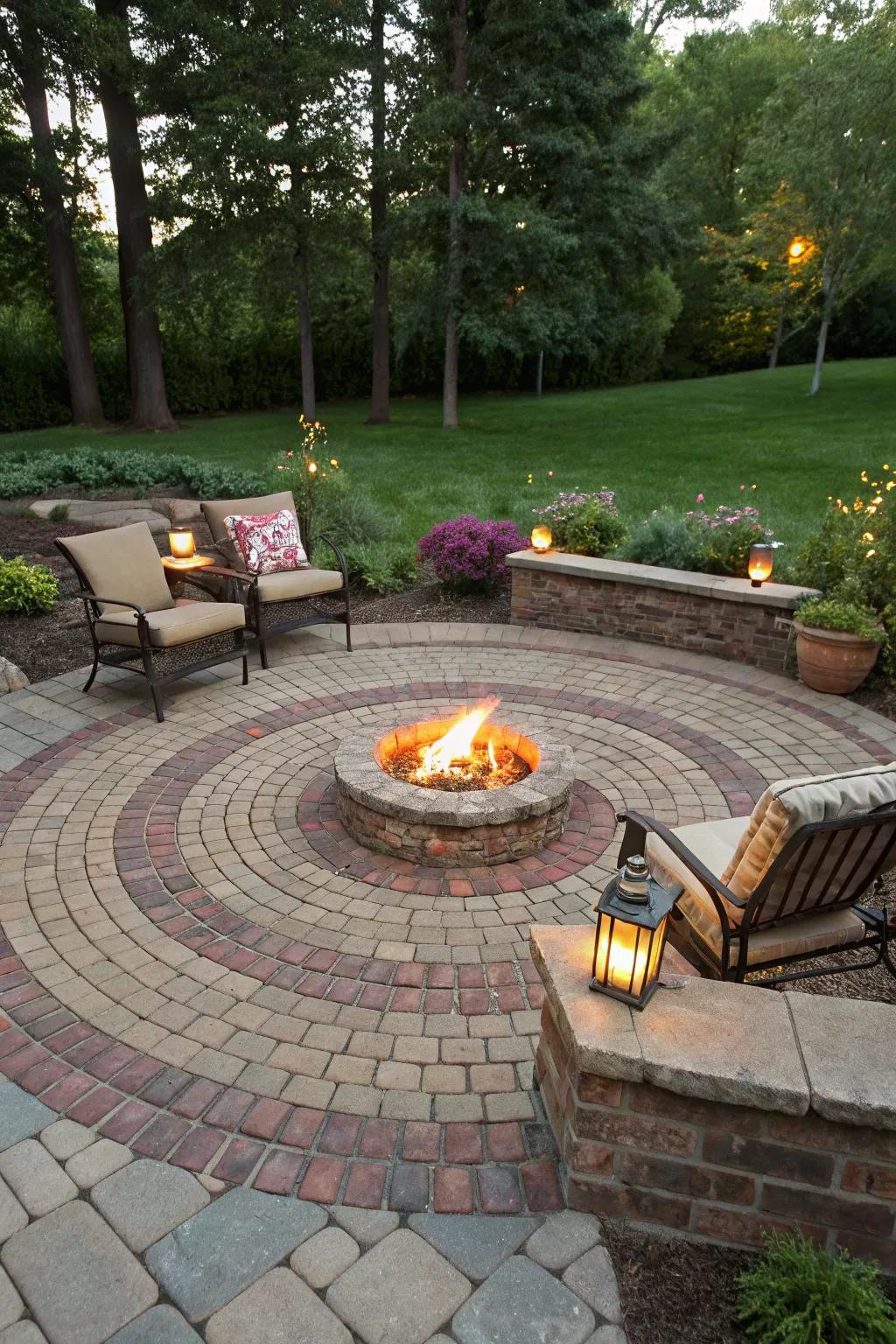 The coiled pattern is fitting for round patios, accentuating central elements.