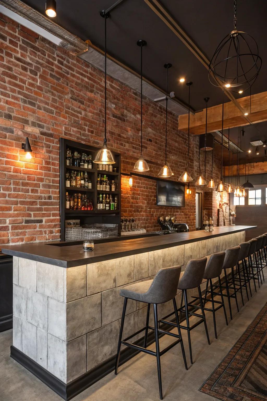 Contemporary bar featuring pendant lighting that emphasizes the brick wall's texture.