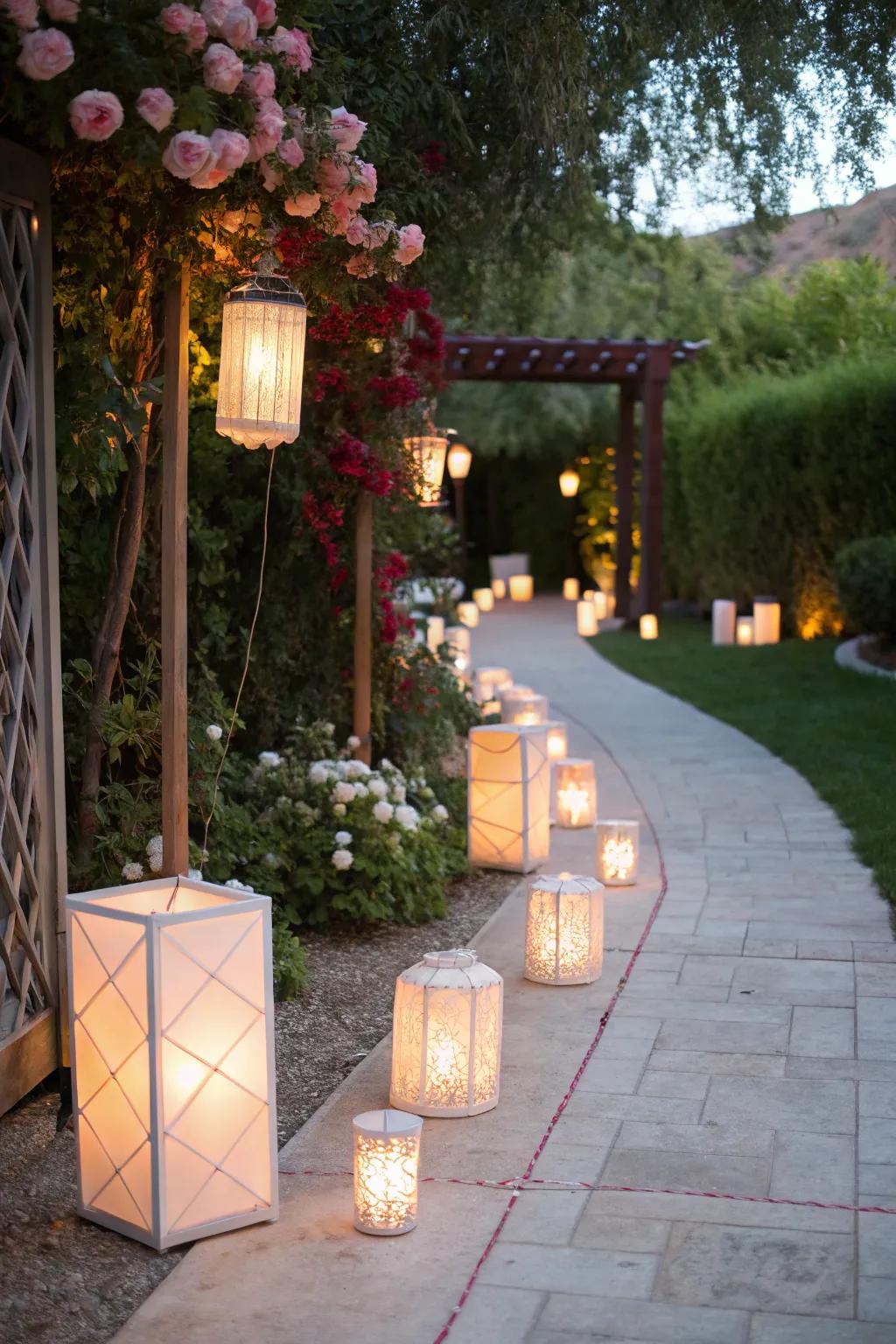 Elegant lanterns light the path to the bridal shower doorway, forging a cozy and welcoming radiance.