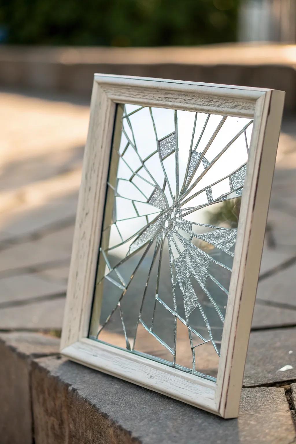 Framed mirror art elevates broken shards into focal pieces.