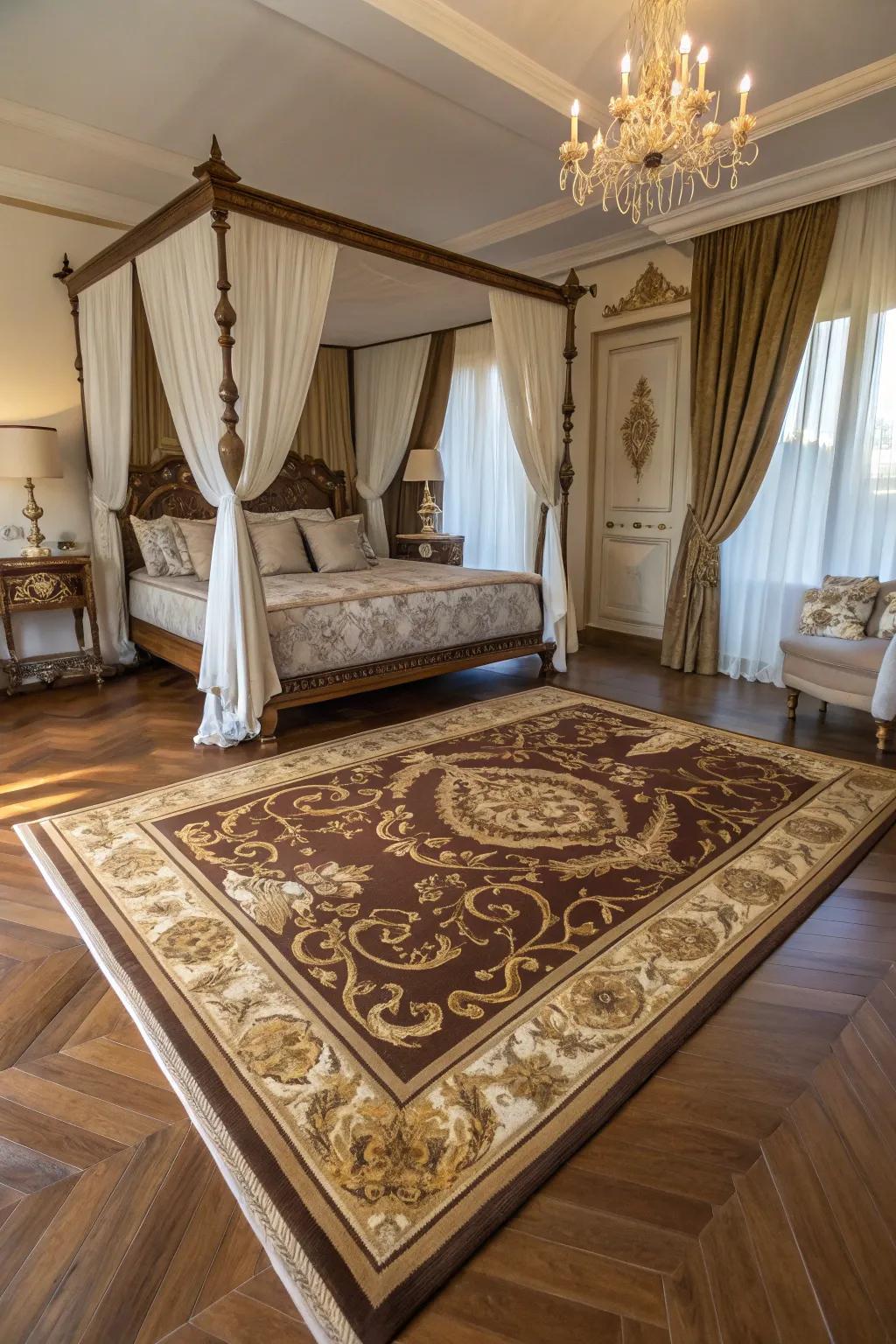 An ornate rug elegantly brings the space together.