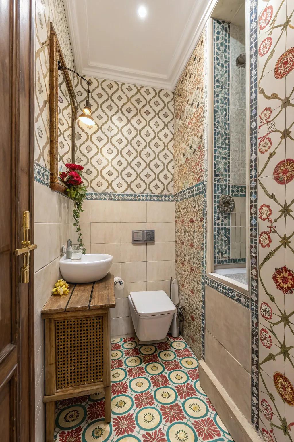 With patterned wallpaper, decorative accents bring life to a compact bathroom.