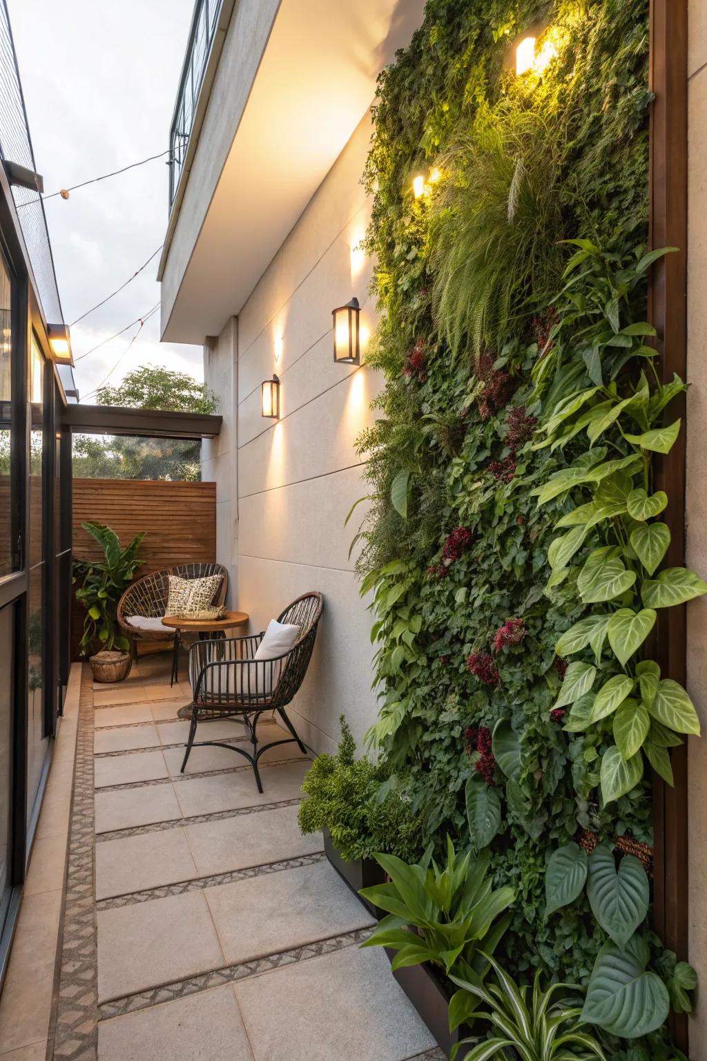 Upright plant displays maximize greenery in compact outdoor areas.