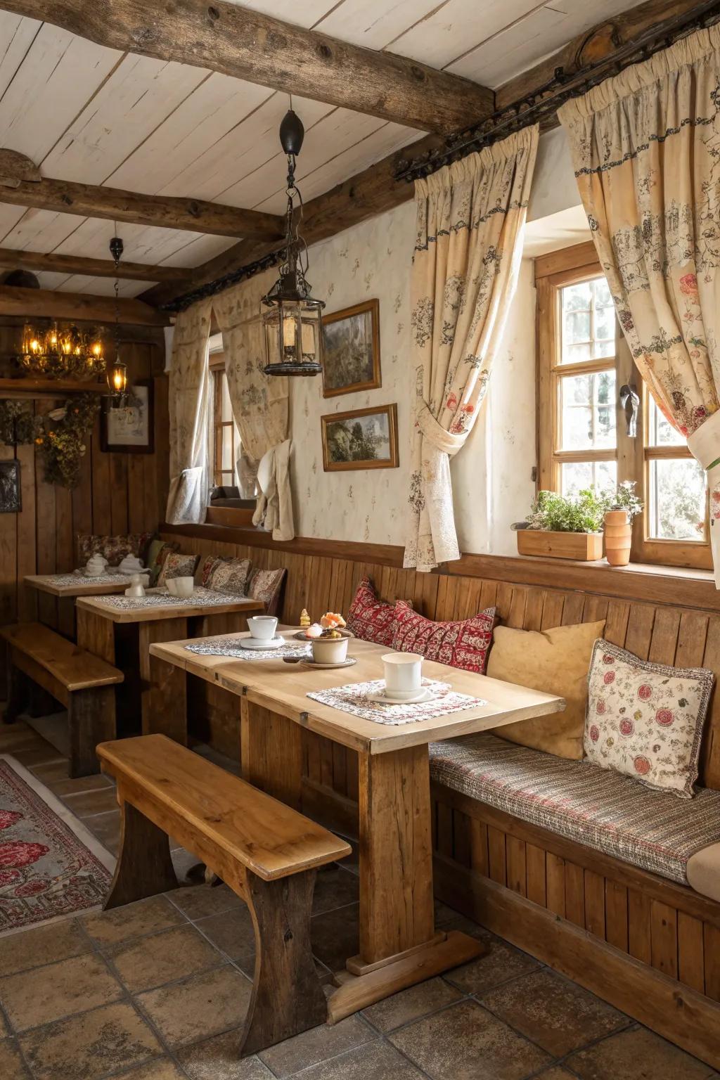 Country warmth in the kitchen with wooden banquette seating.
