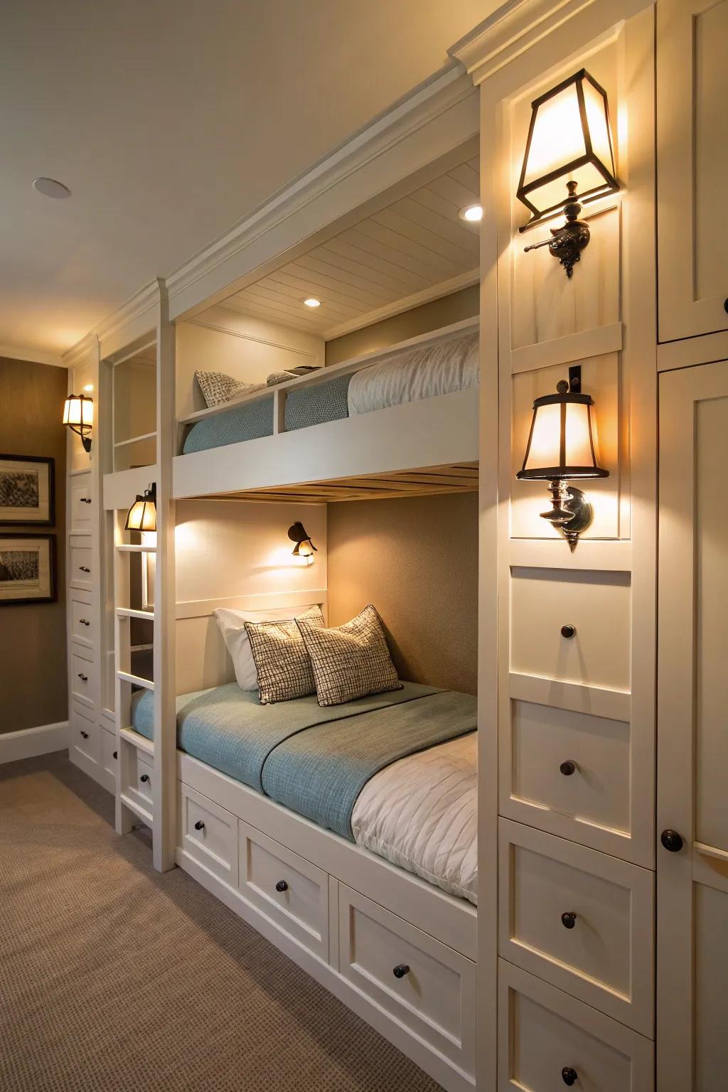 Brighten your night: bunk beds equipped with personalized lighting options.