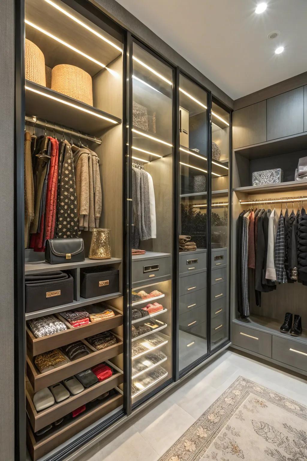 Transparent-front drawers introduce elegance and improve visibility.