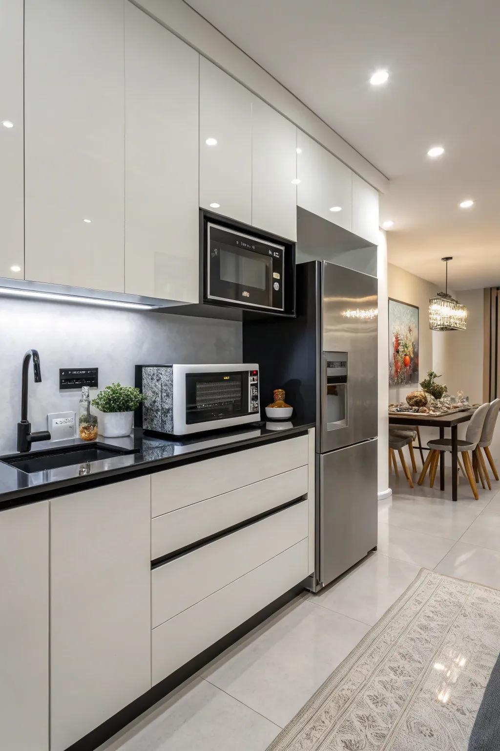 A microwave ingeniously built under the kitchen counter.