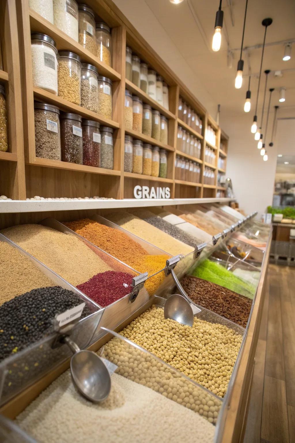Bulk containers enable quick access to frequently used staples.