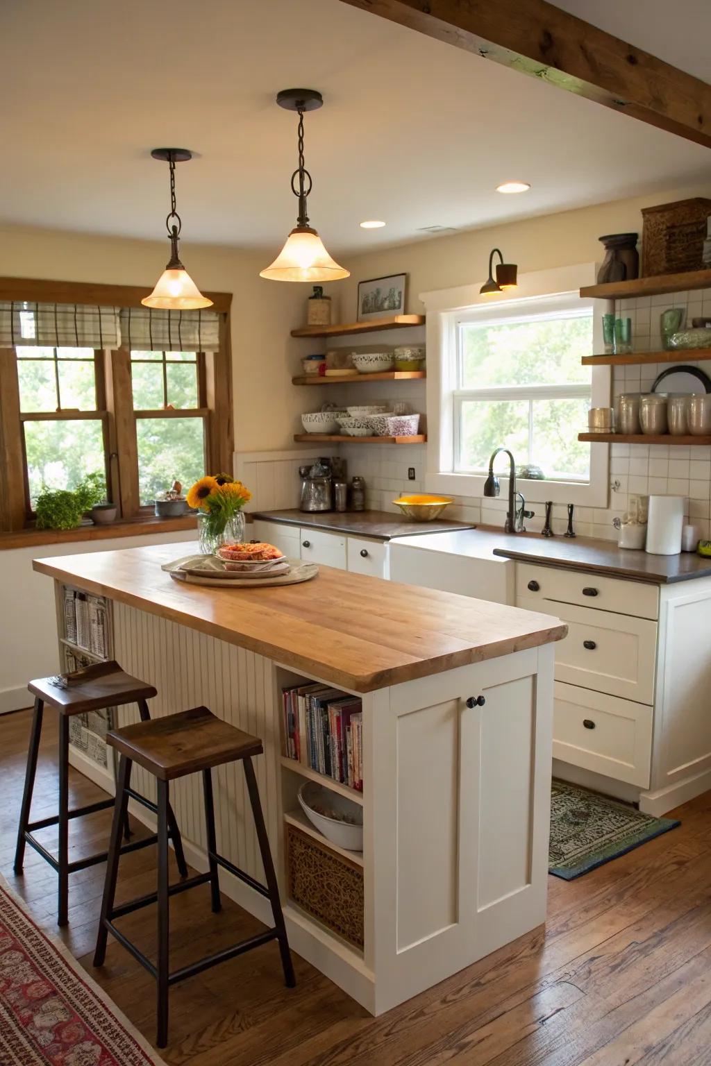 A bungalow kitchen showcasing a functional central worktop for added practicality.
