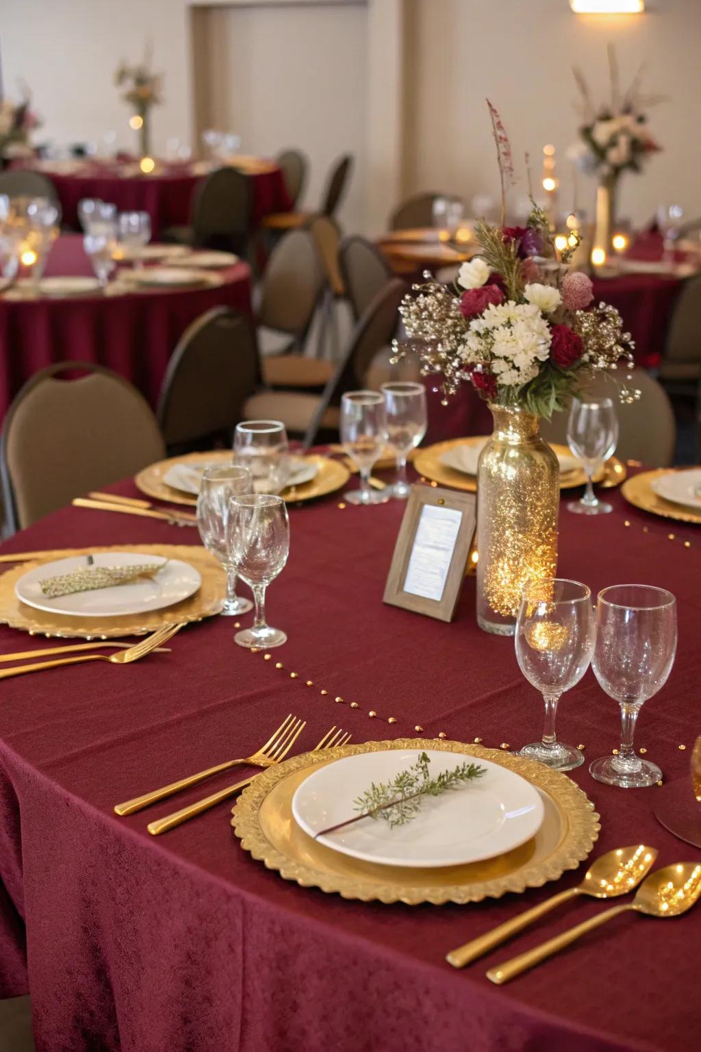 Sophisticated table settings in red and gold set the scene for a lavish meal.