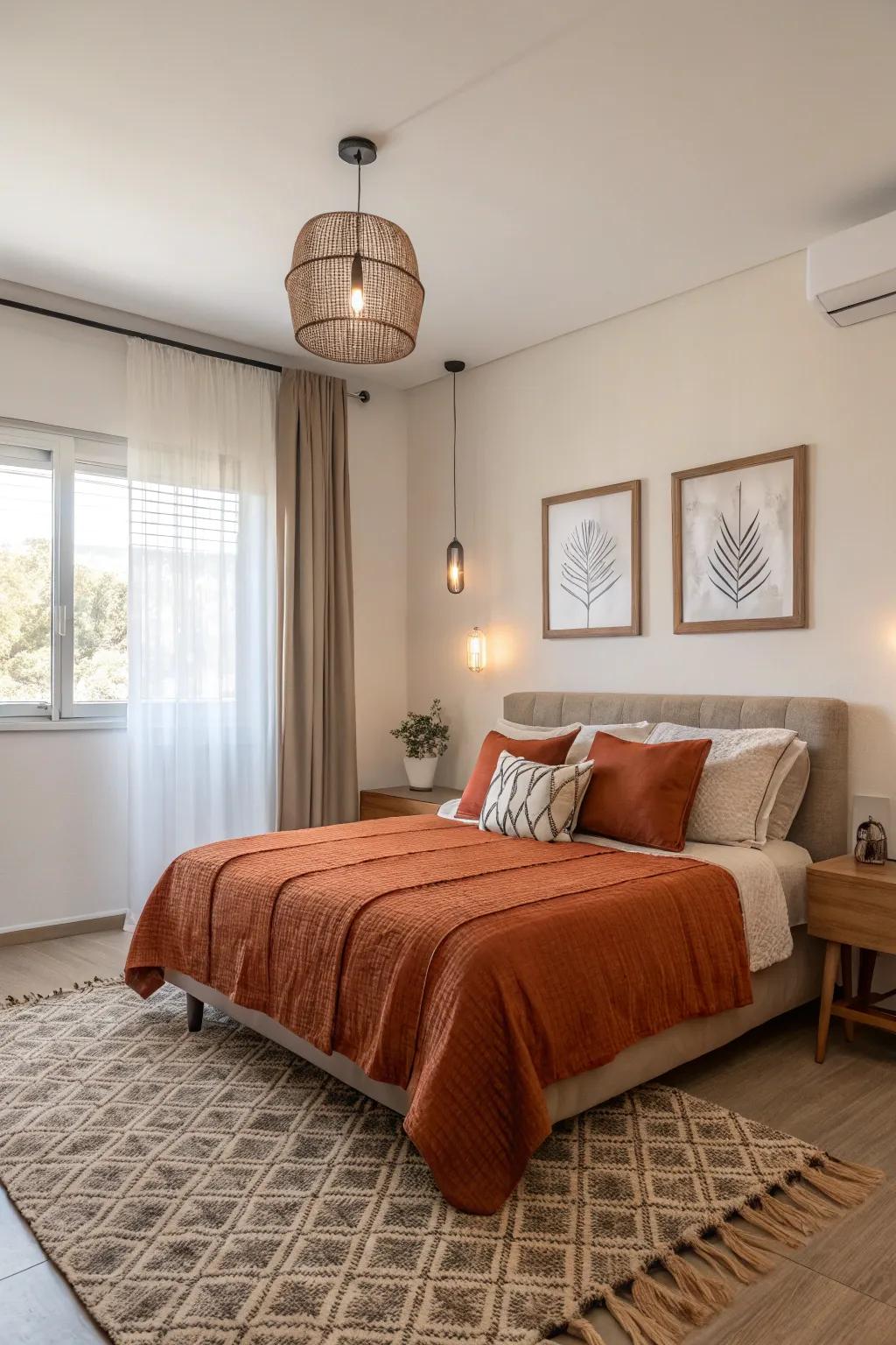 Rust-colored bedding contributes a lively element to a subtle-toned bedroom.