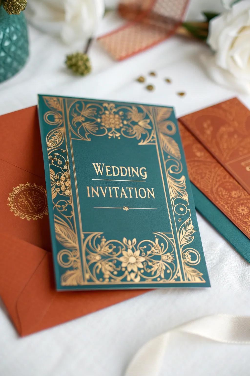 A wedding invitation reflecting an aquatic blue and sunset theme.