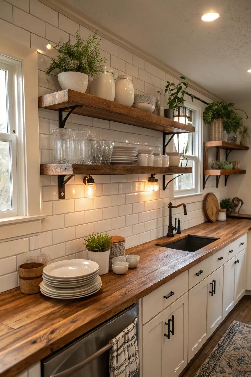 Open shelves with a wooden surface add country-style charm and practical display space. #KitchenInspo #ShelvingIdeas #Worktop