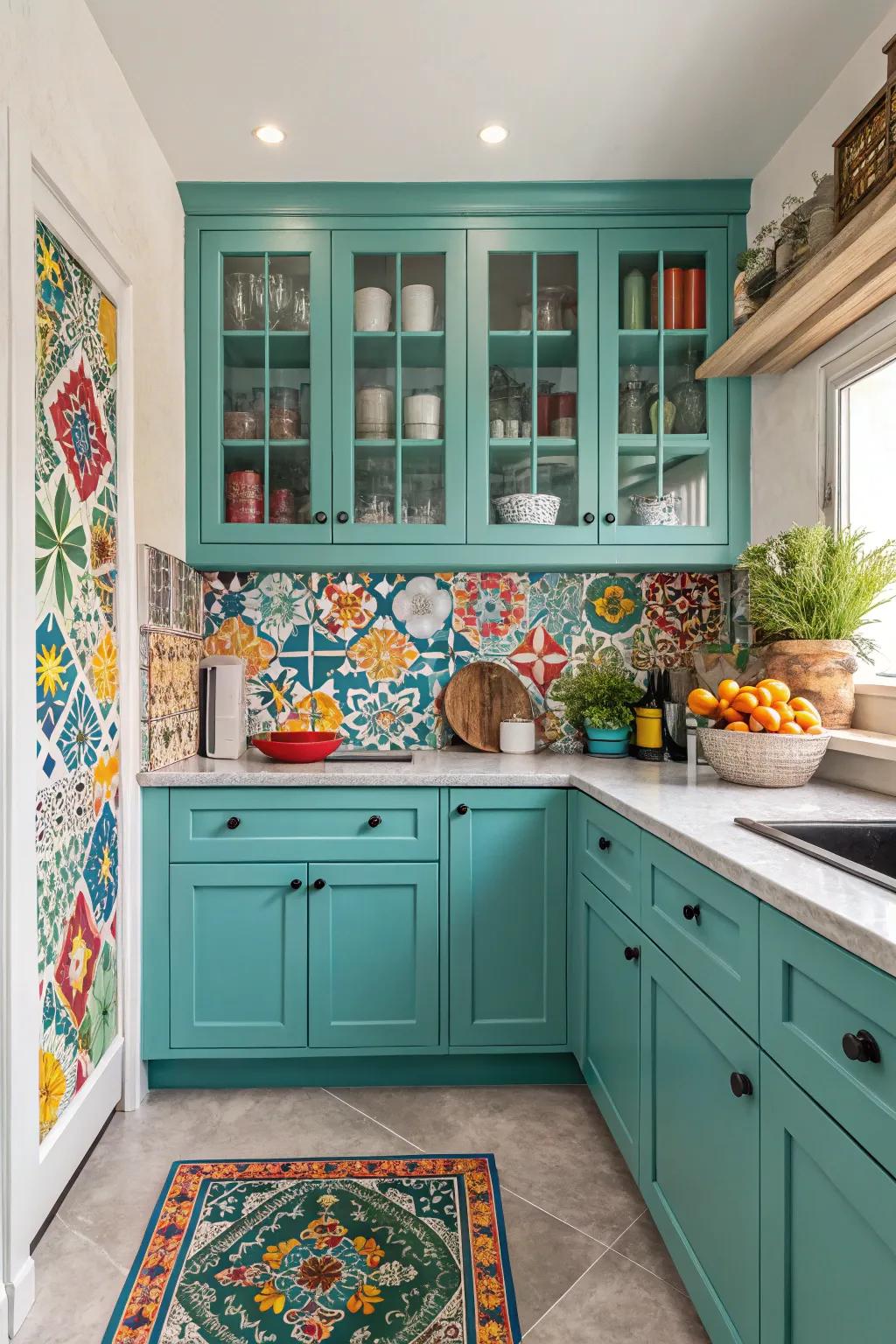 A vibrant butler's pantry featuring emerald cabinets and an eye-catching backsplash.