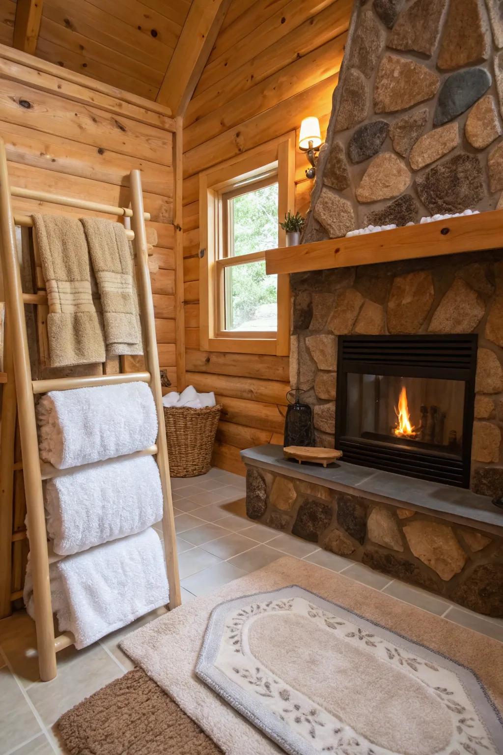 A cabin bathroom with opulent floor coverings and gentle washcloths for a cozy ambiance.