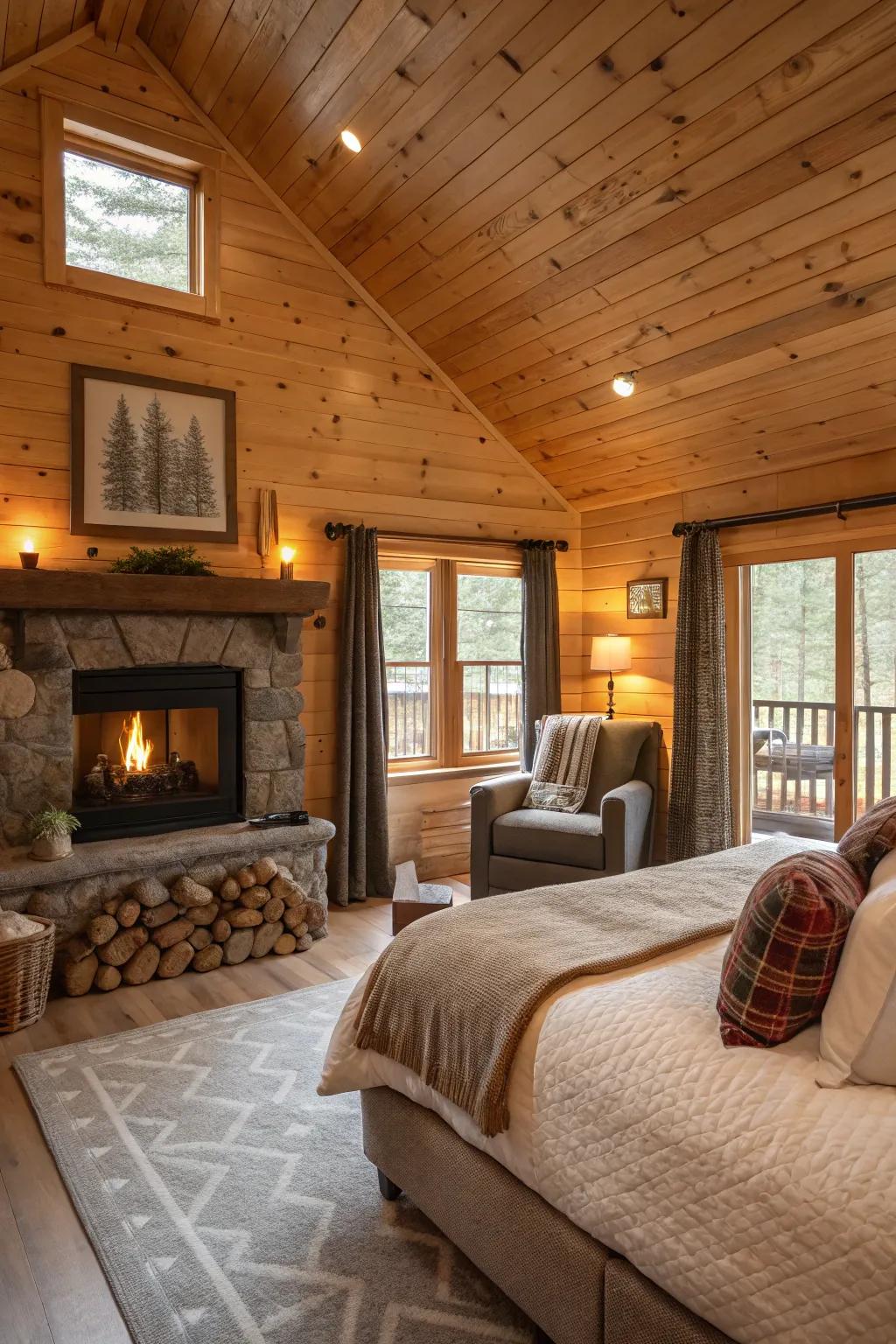 A cabin bedroom featuring a fireplace and comfortable sitting area.