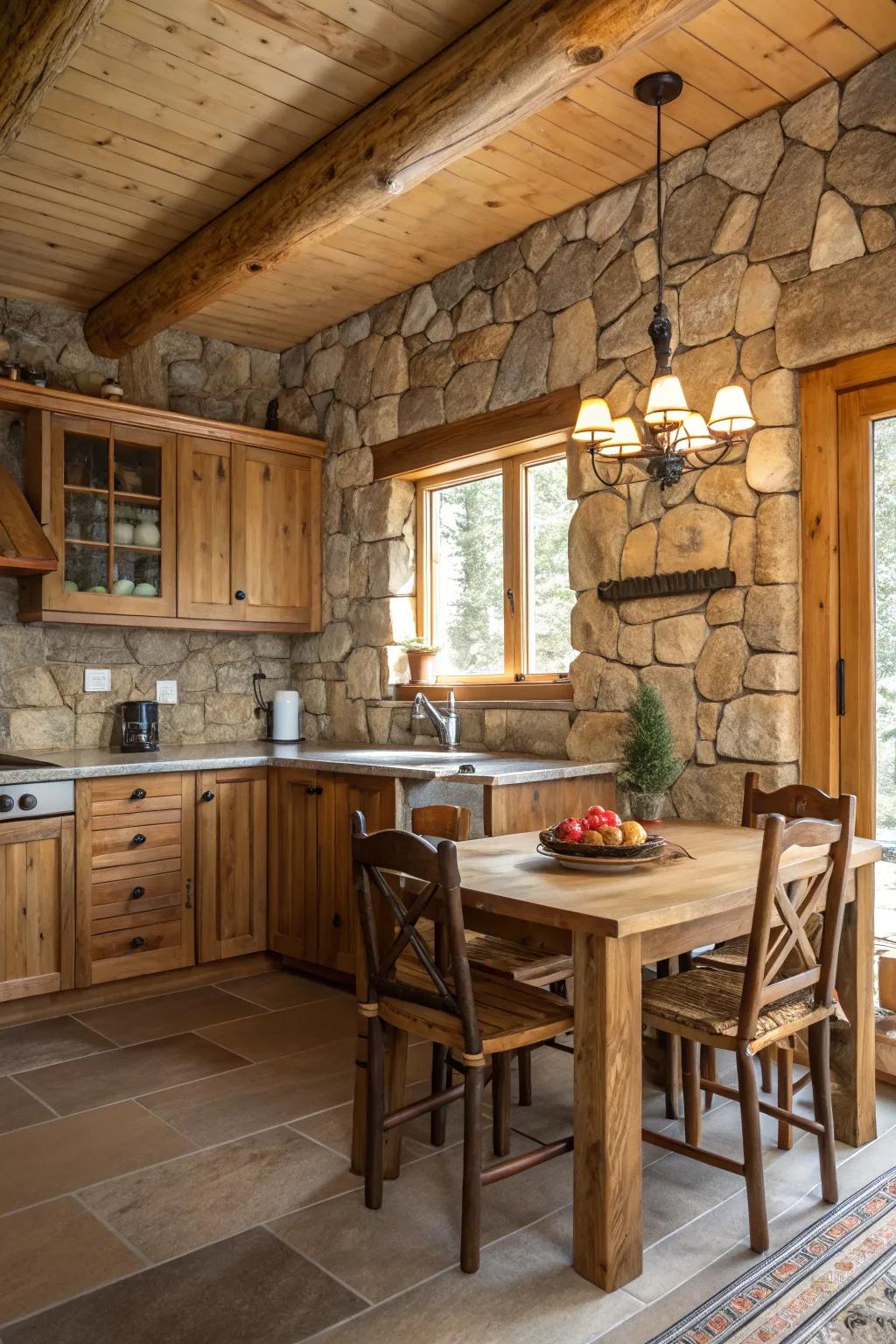 Stone details add natural beauty to a cabin kitchen.