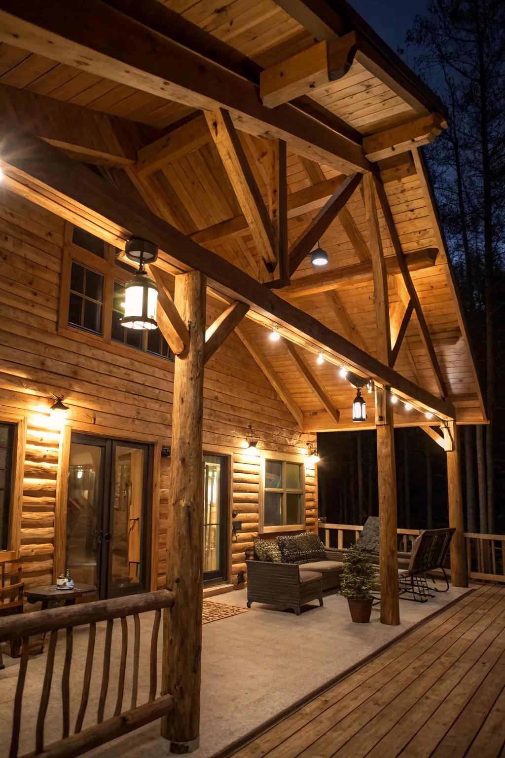Wooden support beams highlighted by lighting, enhancing the depth of a cabin interior.